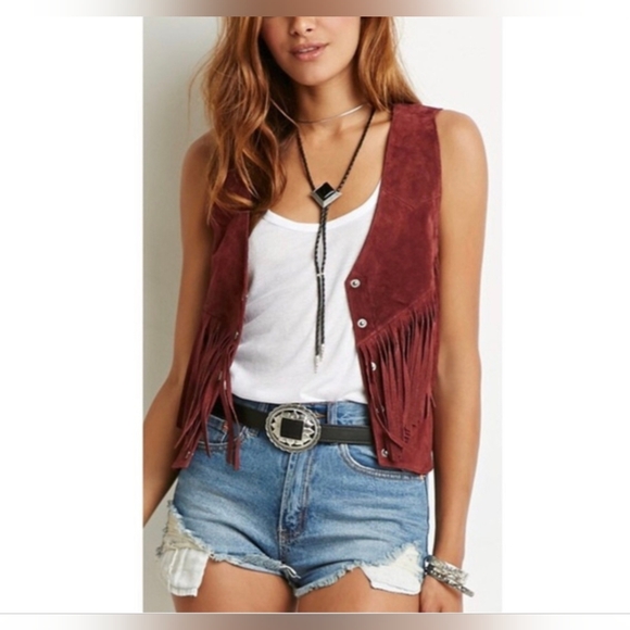 Forever 21 Jackets & Blazers - Forever 21 Burgundy Fringe Vest
